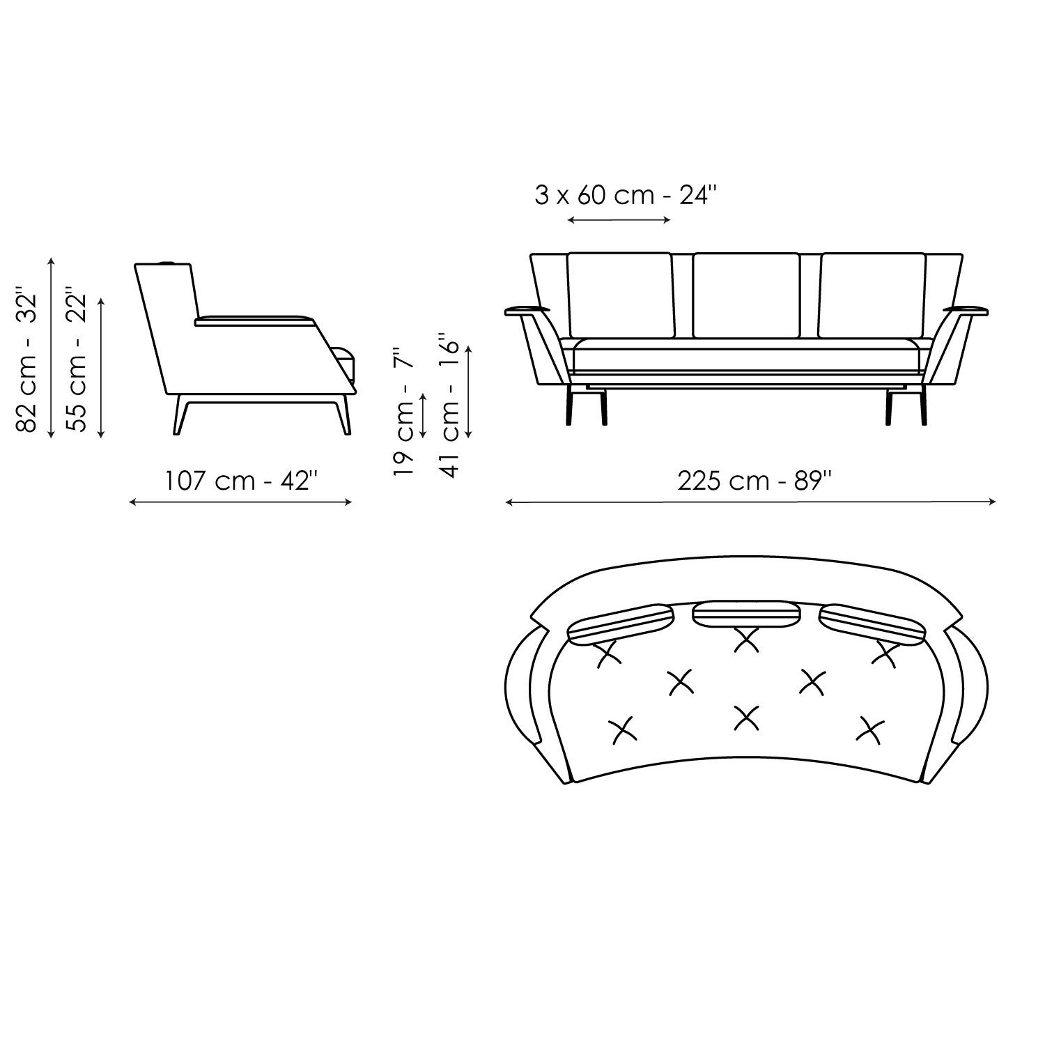 Lovy hi - divano 225 con 3 cuscini